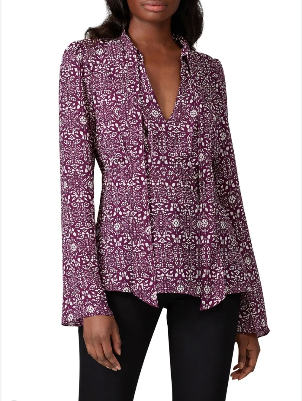 DEREK LAM PURPLE Printed Tie Neck Blouse Designer Y2K Plum Revolve
